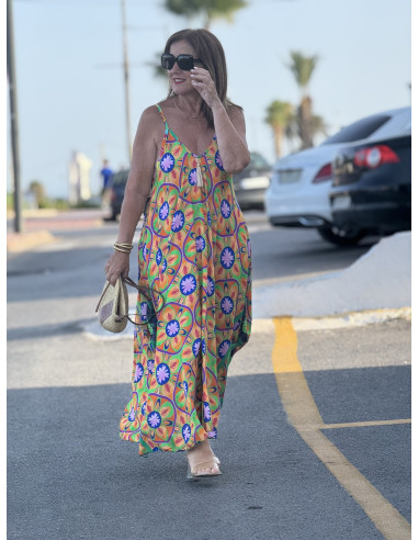 🌈 Vestido Bombacho Estampado Psicodélico naranja