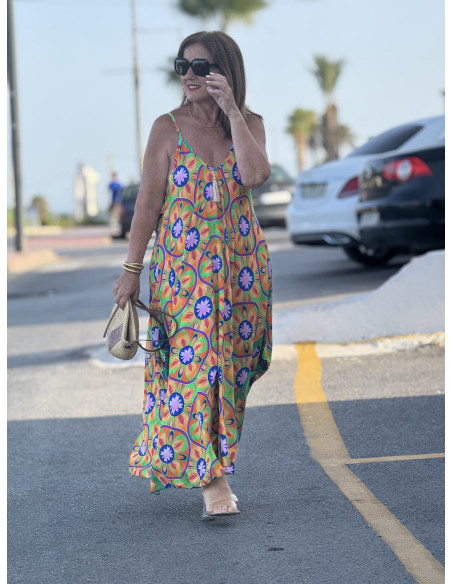 🌈 Vestido Bombacho Estampado Psicodélico naranja