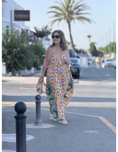 🌈 Vestido Bombacho Estampado Psicodélico naranja