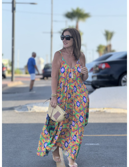 🌈 Vestido Bombacho Estampado Psicodélico naranja