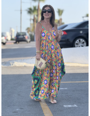 🌈 Vestido Bombacho Estampado Psicodélico naranja