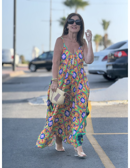 🌈 Vestido Bombacho Estampado Psicodélico naranja