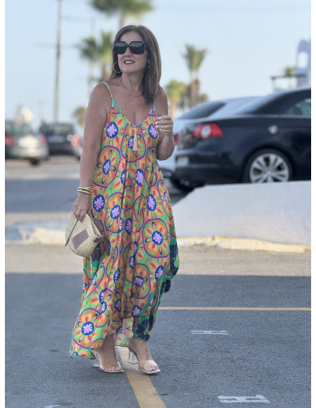 🌈 Vestido Bombacho Estampado Psicodélico naranja