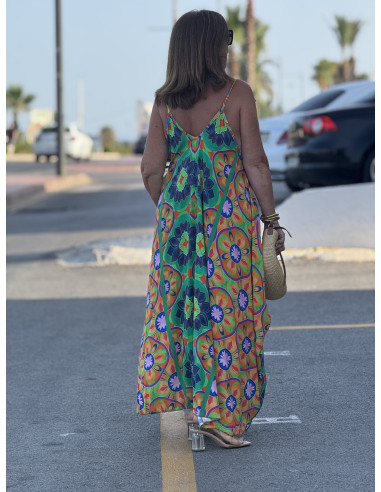 🌈 Vestido Bombacho Estampado Psicodélico naranja