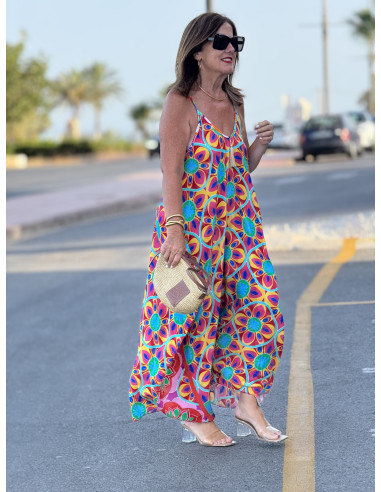 🌈 Vestido Bombacho Estampado Psicodélico rosa