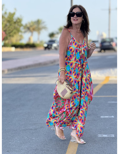 🌈 Vestido Bombacho Estampado Psicodélico rosa