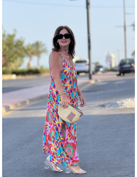 🌈 Vestido Bombacho Estampado Psicodélico rosa