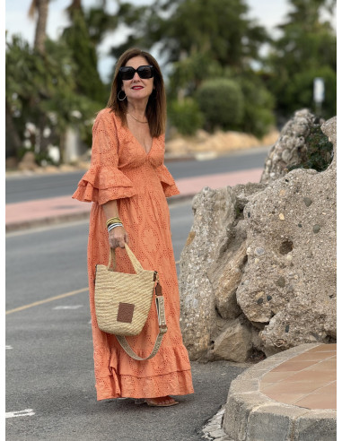 Vestido Largo en Bordado Inglés Melocotón con...