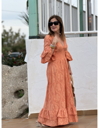 Vestido Largo en Bordado Inglés Melocotón con...