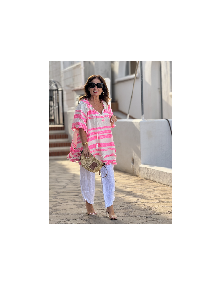 Blusón Crudo con Bordado Flúor Rosa