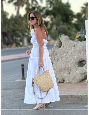 Vestido Blanco Anudado al Cuello con Flor en...
