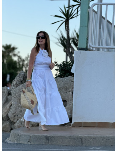 Vestido Blanco Anudado al Cuello con Flor en...