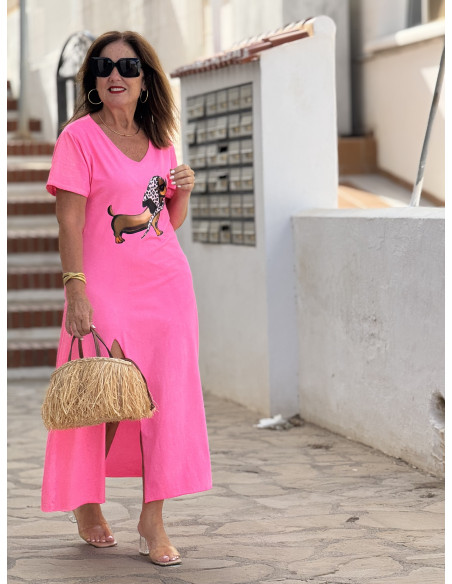 Vestido rosa efecto lavado con escote pico y ilustración de perro
