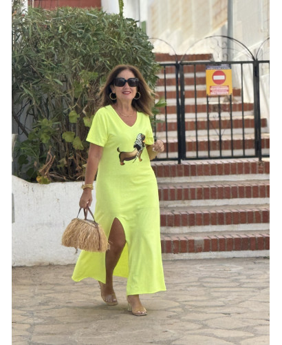 Vestido amarillo efecto lavado con escote pico y...