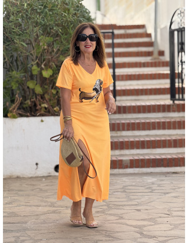 Vestido naranja efecto lavado con escote pico y...