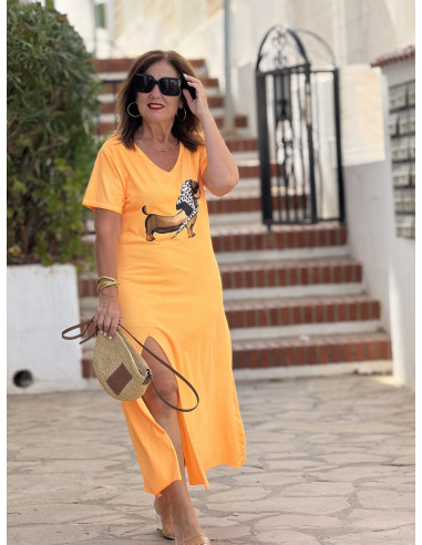 Vestido naranja efecto lavado con escote pico y...