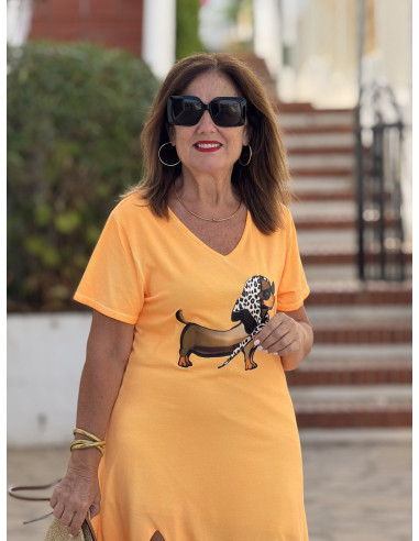 Vestido naranja efecto lavado con escote pico y...