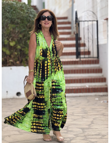 Vestido sin mangas lima, amarillo y negro