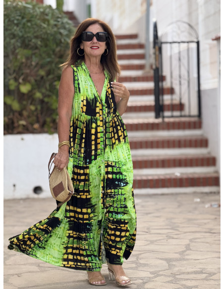 Vestido sin mangas lima, amarillo y negro