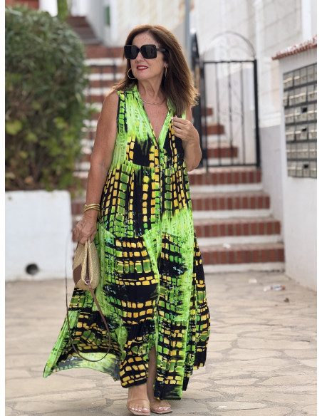 Vestido sin mangas lima, amarillo y negro