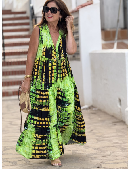 Vestido sin mangas lima, amarillo y negro