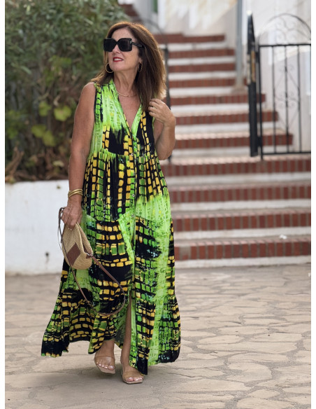 Vestido sin mangas lima, amarillo y negro