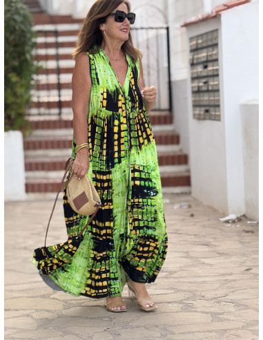 Vestido sin mangas lima, amarillo y negro