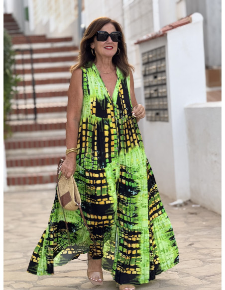 Vestido sin mangas lima, amarillo y negro