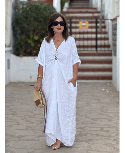 🤍 Vestido Blanco Lino con Abalorios