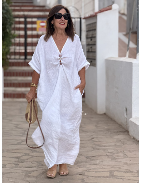 🤍 Vestido Blanco Lino con Abalorios