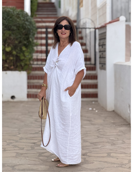🤍 Vestido Blanco Lino con Abalorios
