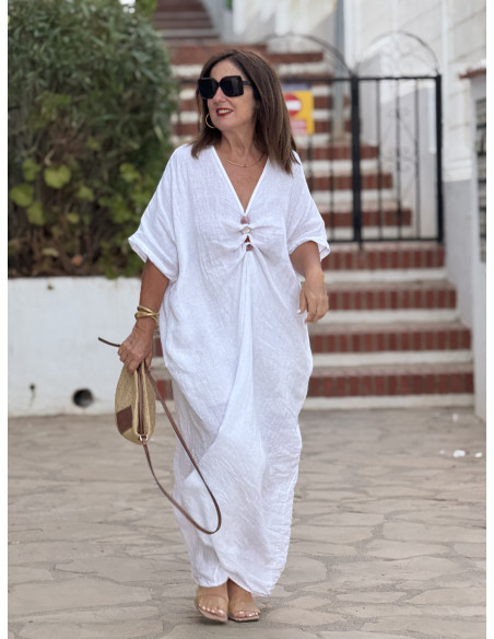 🤍 Vestido Blanco Lino con Abalorios