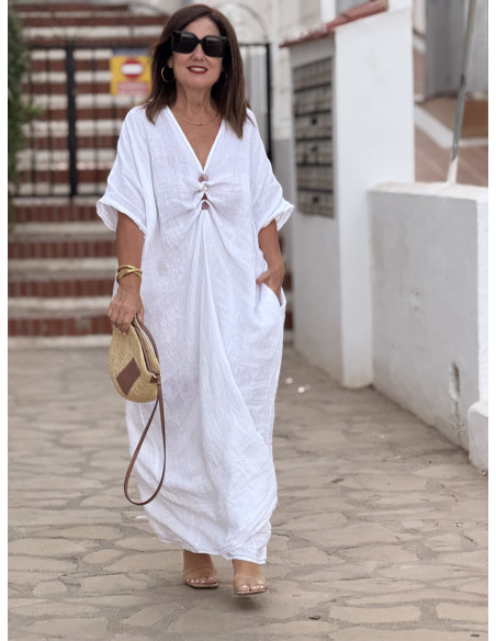 🤍 Vestido Blanco Lino con Abalorios