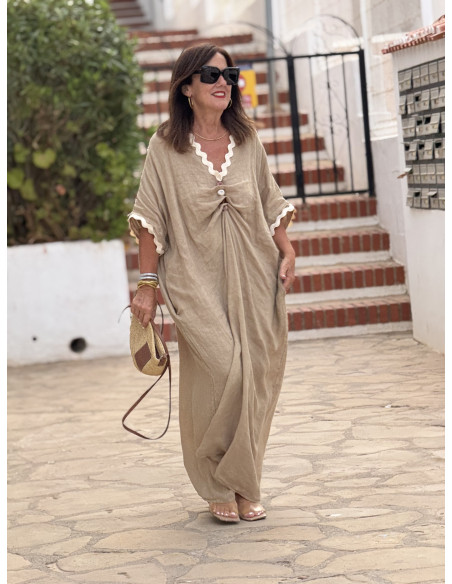 🤍 Vestido camel Lino con Abalorios y piculina cruda