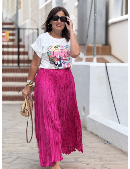 Falda Rosa Fluida con Efecto Arrugado y Cintura Elástica