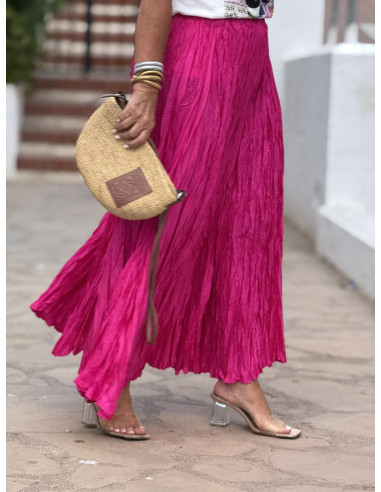 Falda Rosa Fluida con Efecto Arrugado y Cintura...