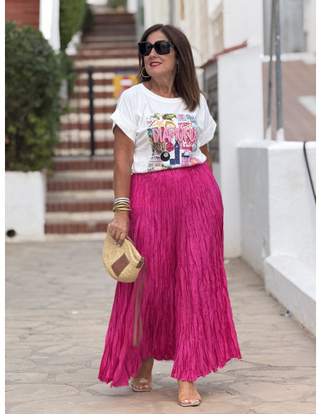 Falda Rosa Fluida con Efecto Arrugado y Cintura Elástica