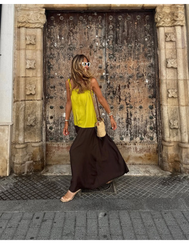 🍈 Vestido Lima & Chocolate con Escote Fruncido