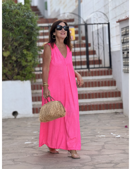 💖 Vestido Pink Flúor con Bolsillos y Escote Pico