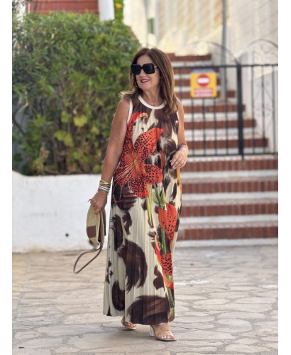 Vestido plisado de lurex con flores naranjas