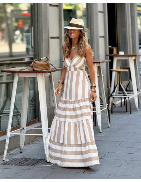Vestido largo de rayas crudo y tostado