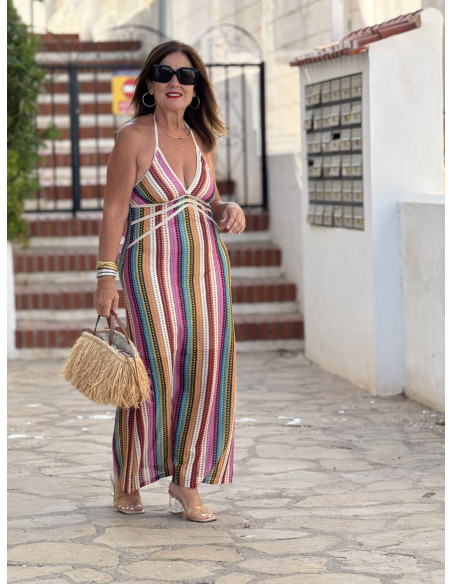 Vestido Halter Étnico Multicolor rosa