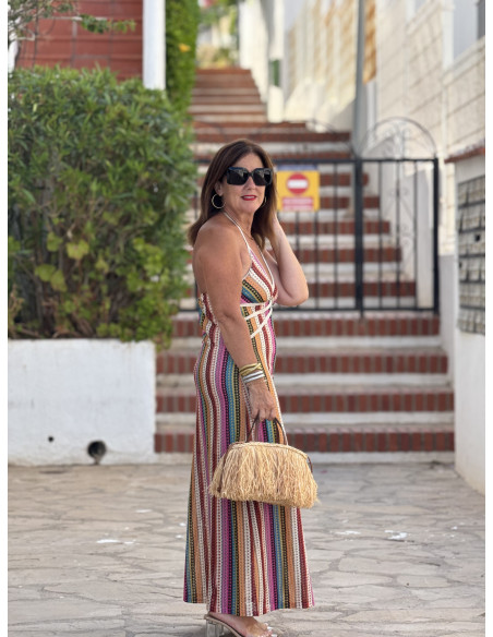 Vestido Halter Étnico Multicolor rosa