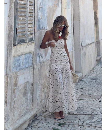 Vestido palabra de honor en tul con lunares crudo 2