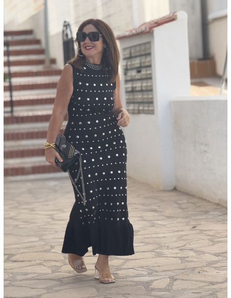 🖤 Vestido Largo Negro con Tachas Plateadas
