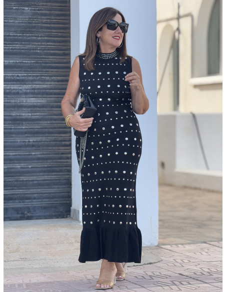 🖤 Vestido Largo Negro con Tachas Plateadas