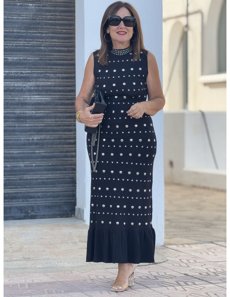 🖤 Vestido Largo Negro con Tachas Plateadas