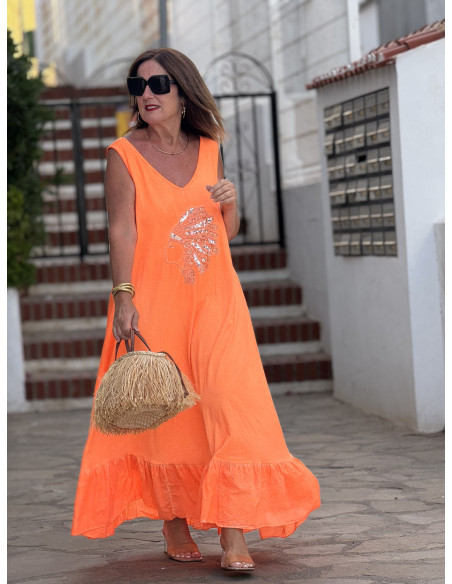🧡 Vestido Largo Naranja con Bordado de Cabeza India