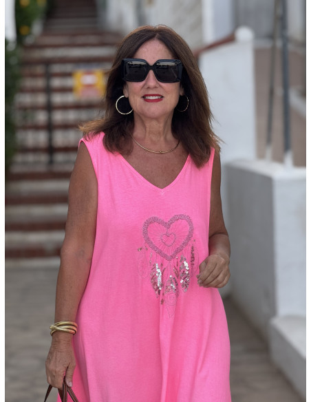 Vestido Largo Rosa con Bordado de atrapasueños