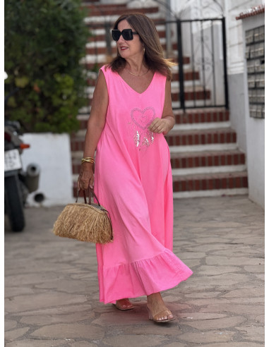 Vestido Largo Rosa con Bordado de atrapasueños